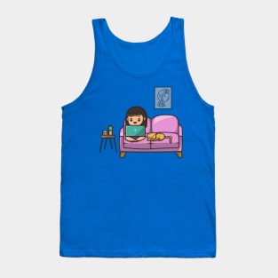 Cute Girl Working On Laptop With Cat Cartoon Tank Top